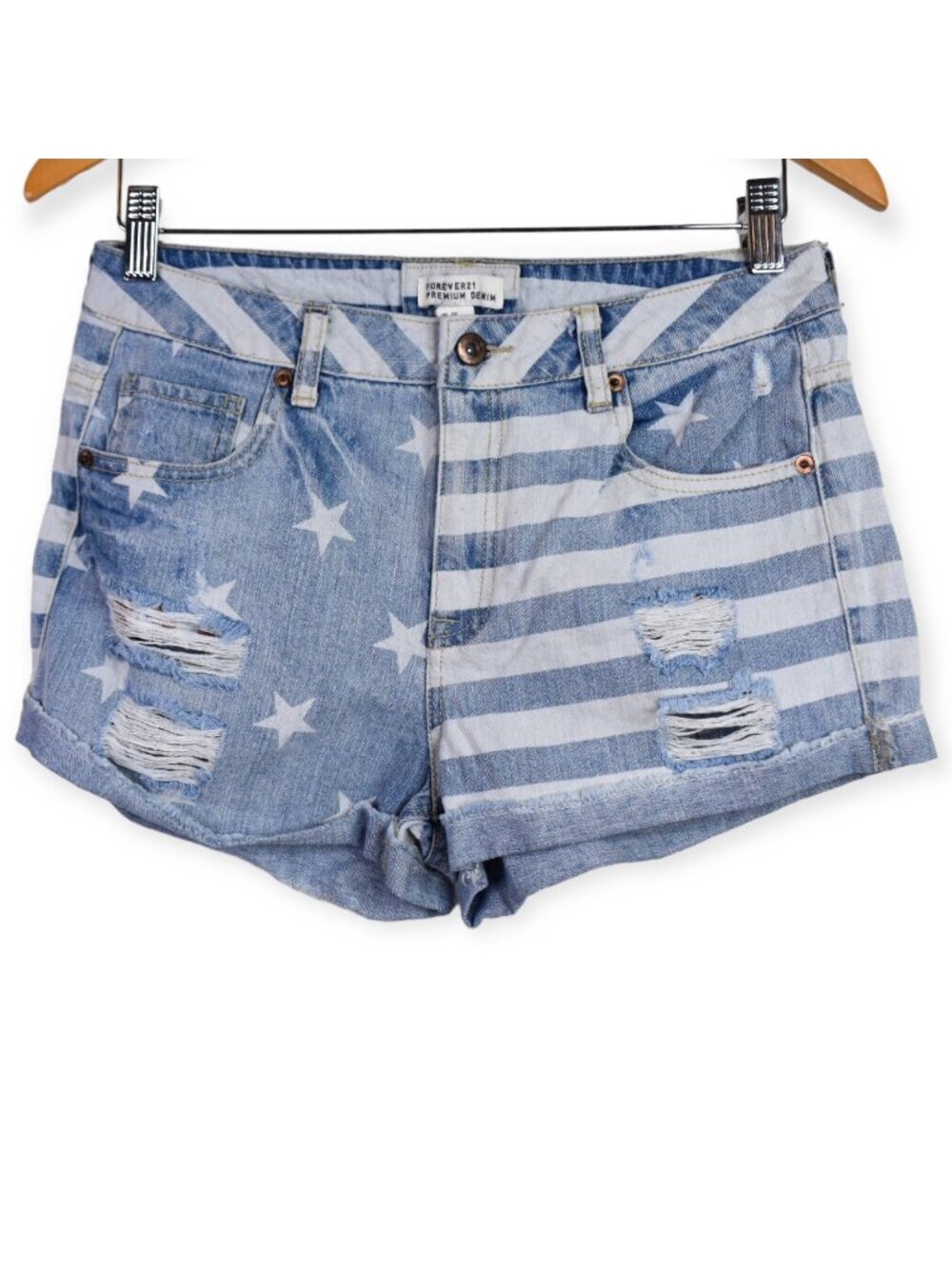 Forever 21 Shorts 27 Womens High Rise Stars & Stripes Distressed Denim Cotton